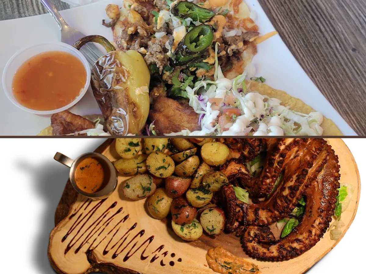 Seafood plates on a casual restaurant table.